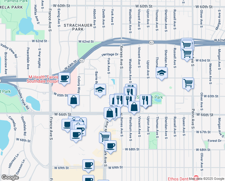 map of restaurants, bars, coffee shops, grocery stores, and more near 6428 Xerxes Avenue South in Edina