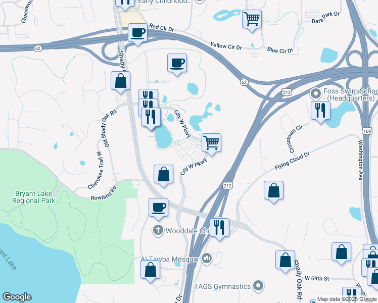 map of restaurants, bars, coffee shops, grocery stores, and more near 6437 Regency Lane in Eden Prairie