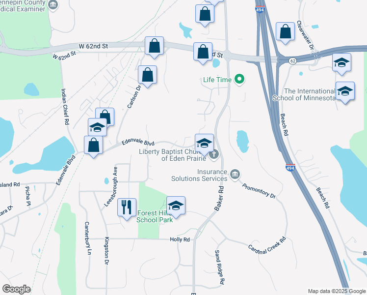 map of restaurants, bars, coffee shops, grocery stores, and more near Eden Prairie Rd in Eden Prairie