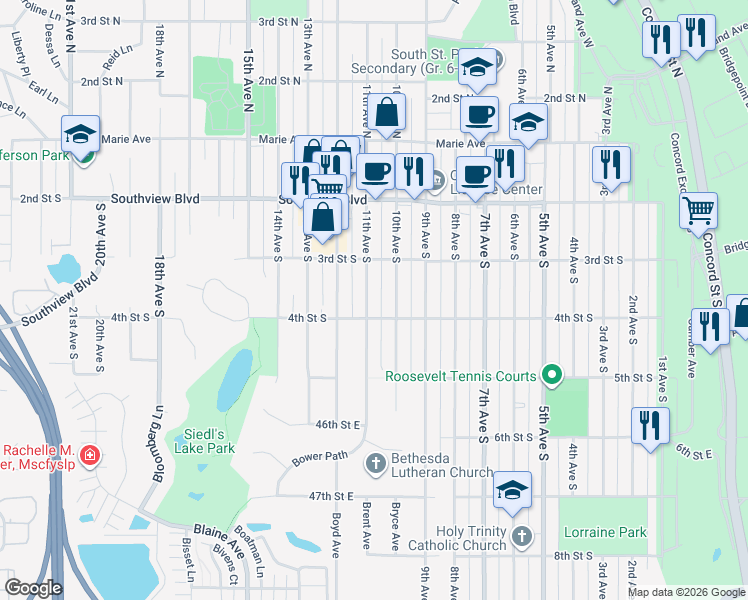map of restaurants, bars, coffee shops, grocery stores, and more near 336 10th Avenue South in South Saint Paul