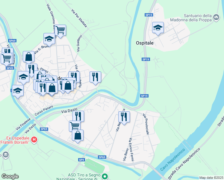 map of restaurants, bars, coffee shops, grocery stores, and more near Strada del Carmine in Bondeno