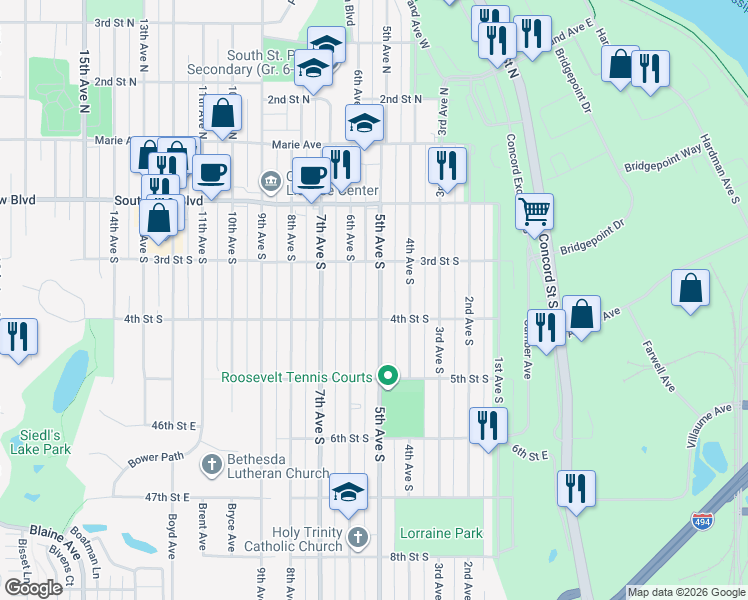map of restaurants, bars, coffee shops, grocery stores, and more near 336 5th Avenue South in South Saint Paul