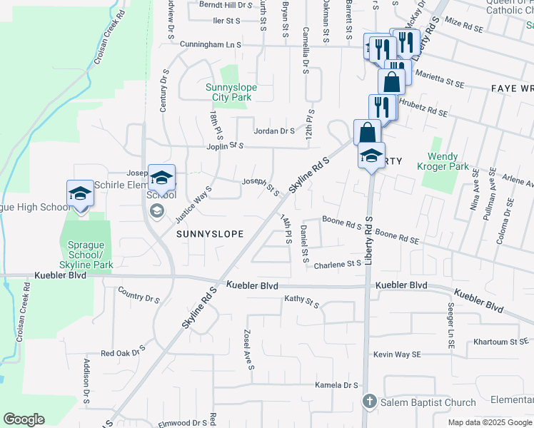 map of restaurants, bars, coffee shops, grocery stores, and more near 4873 Skyline Road South in Salem