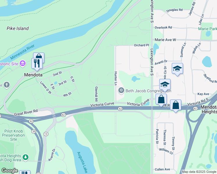 map of restaurants, bars, coffee shops, grocery stores, and more near 1190 Culligan Lane in Mendota Heights