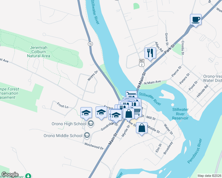 map of restaurants, bars, coffee shops, grocery stores, and more near 57 Bennoch Road in Orono