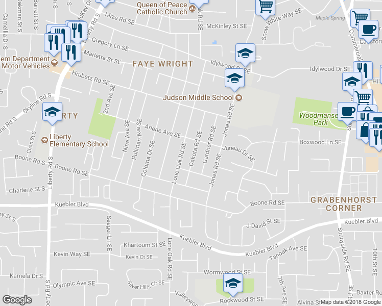 map of restaurants, bars, coffee shops, grocery stores, and more near 4841 Dakota Road Southeast in Salem