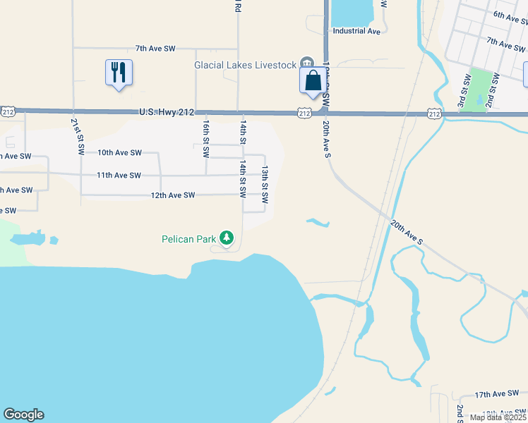 map of restaurants, bars, coffee shops, grocery stores, and more near 1100 13th Street Southwest in Watertown