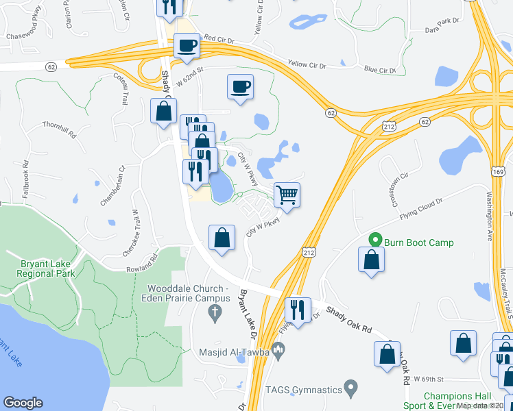 map of restaurants, bars, coffee shops, grocery stores, and more near 6437 Regency Lane in Eden Prairie