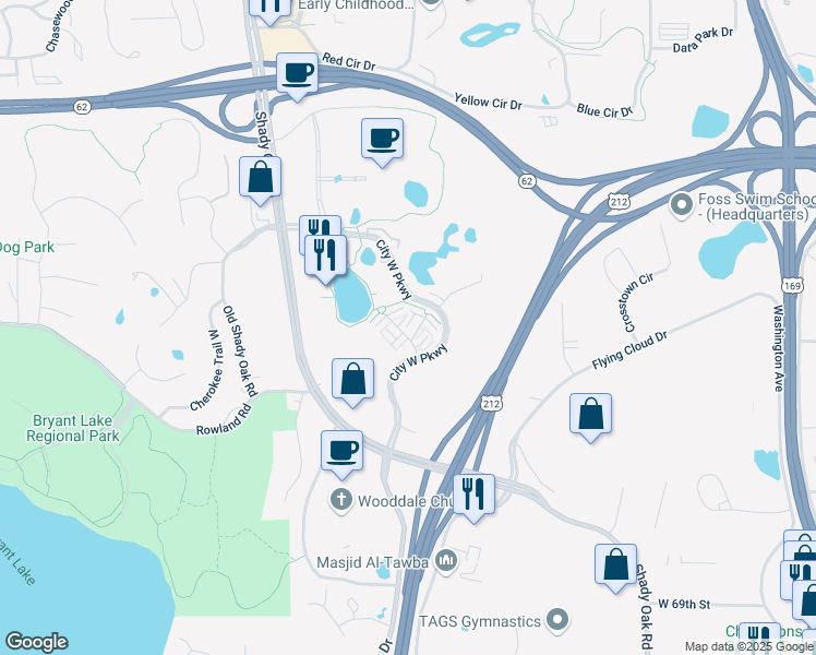 map of restaurants, bars, coffee shops, grocery stores, and more near 6437 Regency Lane in Eden Prairie