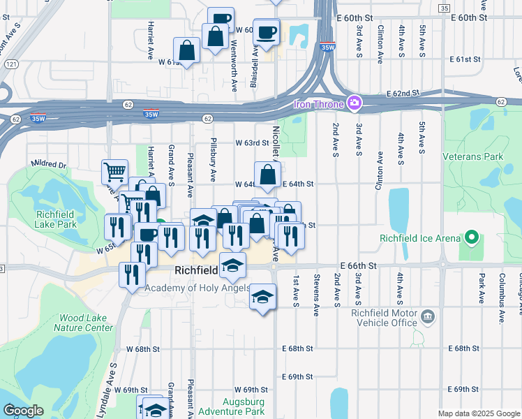 map of restaurants, bars, coffee shops, grocery stores, and more near 6429 Blaisdell Avenue in Minneapolis