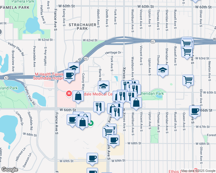 map of restaurants, bars, coffee shops, grocery stores, and more near 6450 York Avenue South in Minneapolis