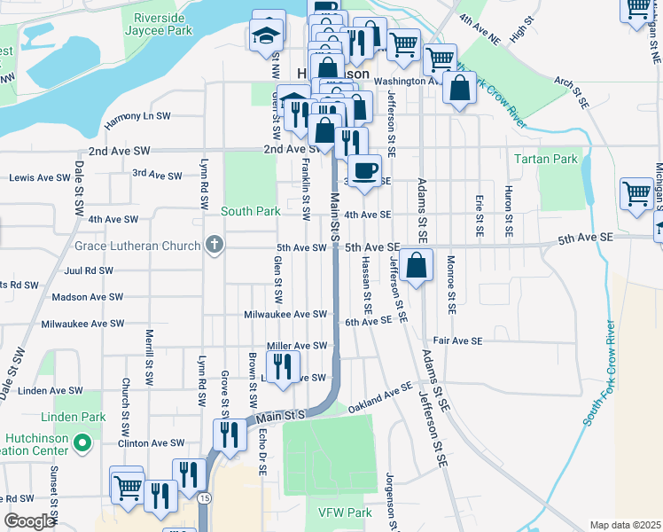map of restaurants, bars, coffee shops, grocery stores, and more near 526 Main Street South in Hutchinson