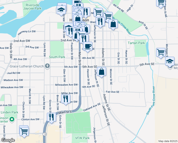 map of restaurants, bars, coffee shops, grocery stores, and more near 526 Hassan Street Southeast in Hutchinson