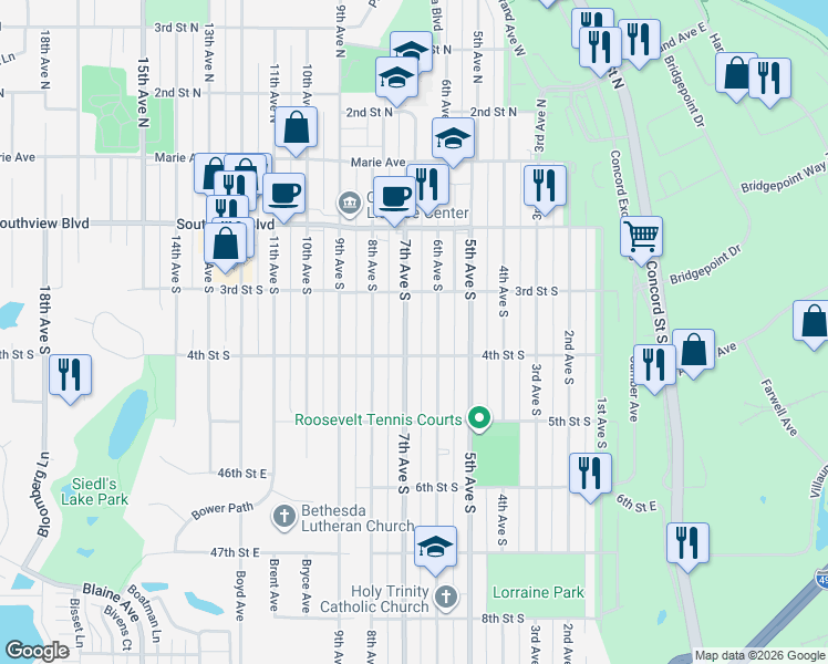 map of restaurants, bars, coffee shops, grocery stores, and more near 337 7th Avenue South in South Saint Paul