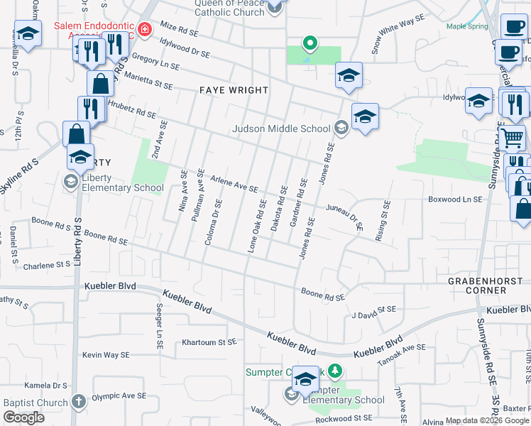 map of restaurants, bars, coffee shops, grocery stores, and more near 4841 Dakota Road Southeast in Salem