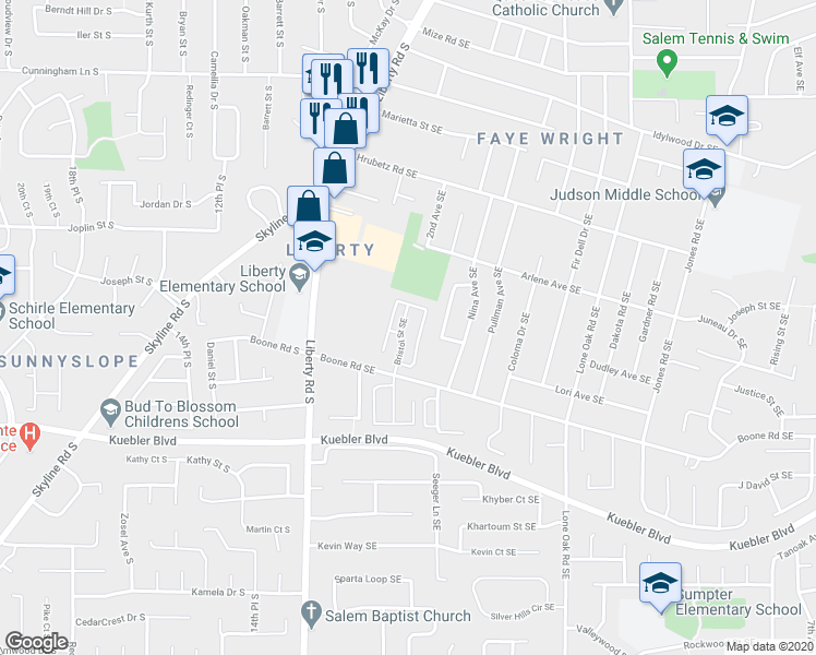 map of restaurants, bars, coffee shops, grocery stores, and more near 39 Bristol Street Southeast in Salem