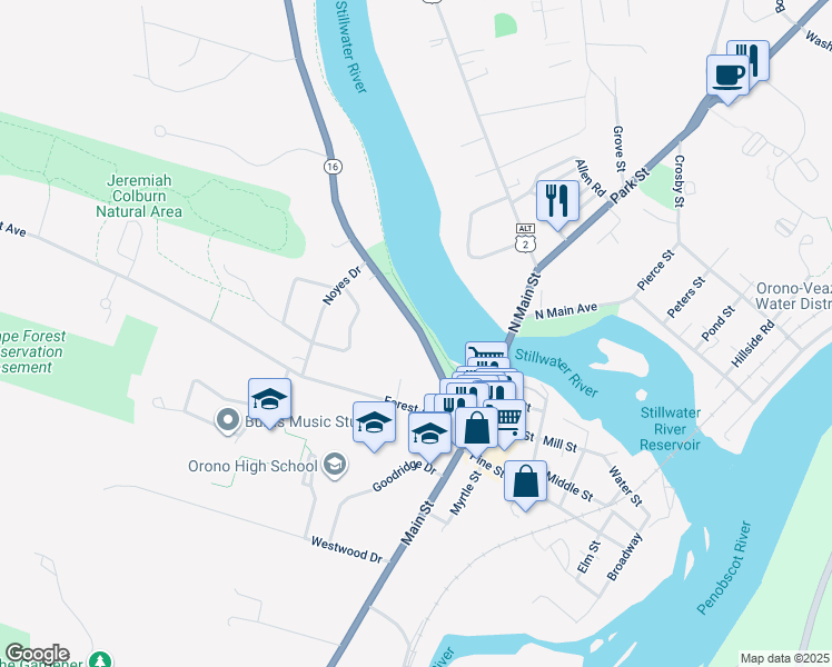 map of restaurants, bars, coffee shops, grocery stores, and more near 57 Bennoch Road in Orono