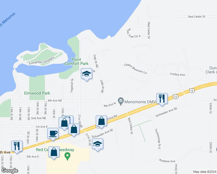 map of restaurants, bars, coffee shops, grocery stores, and more near 510 24th Street Northeast in Menomonie