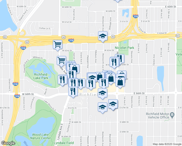 map of restaurants, bars, coffee shops, grocery stores, and more near 6426 Pleasant Avenue in Minneapolis