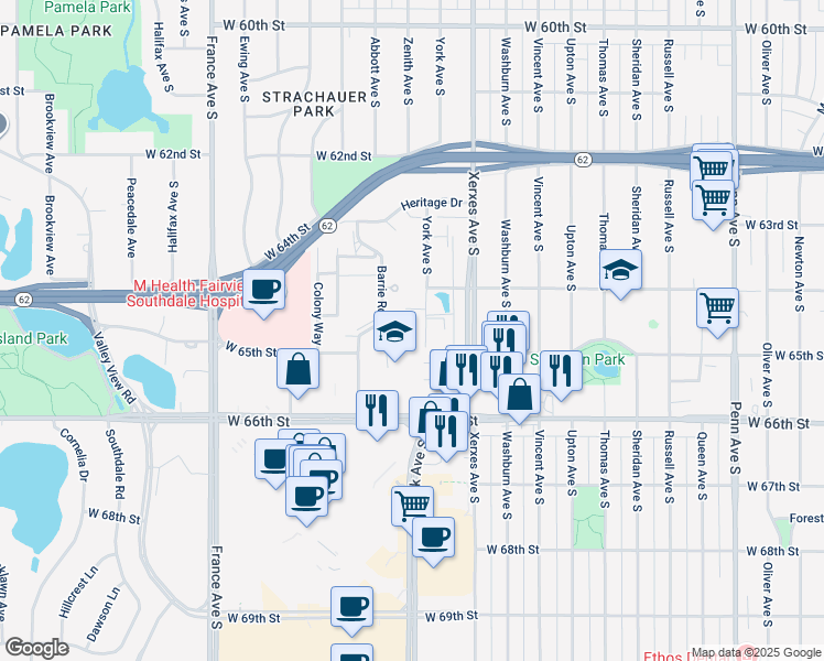 map of restaurants, bars, coffee shops, grocery stores, and more near 6450 York Avenue South in Minneapolis