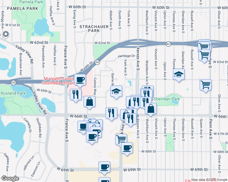 map of restaurants, bars, coffee shops, grocery stores, and more near 6473 Barrie Road in Minneapolis