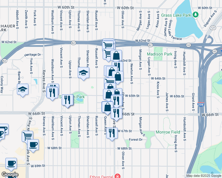 map of restaurants, bars, coffee shops, grocery stores, and more near 6432 Penn Avenue South in Minneapolis