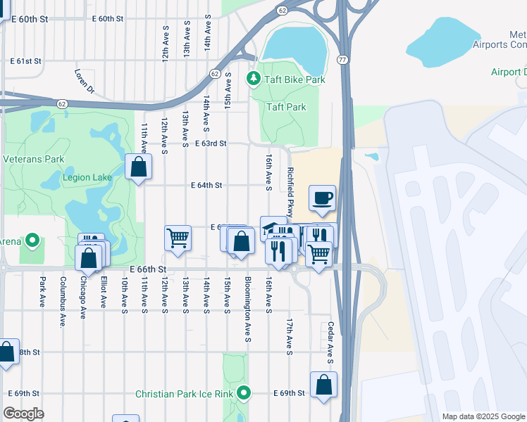 map of restaurants, bars, coffee shops, grocery stores, and more near 6428 16th Avenue South in Minneapolis