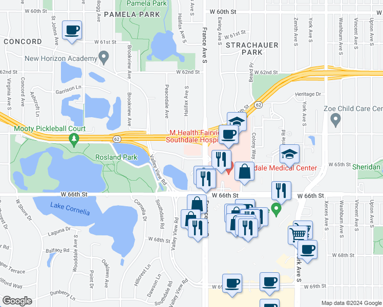 map of restaurants, bars, coffee shops, grocery stores, and more near 6400 County Road 17 in Edina