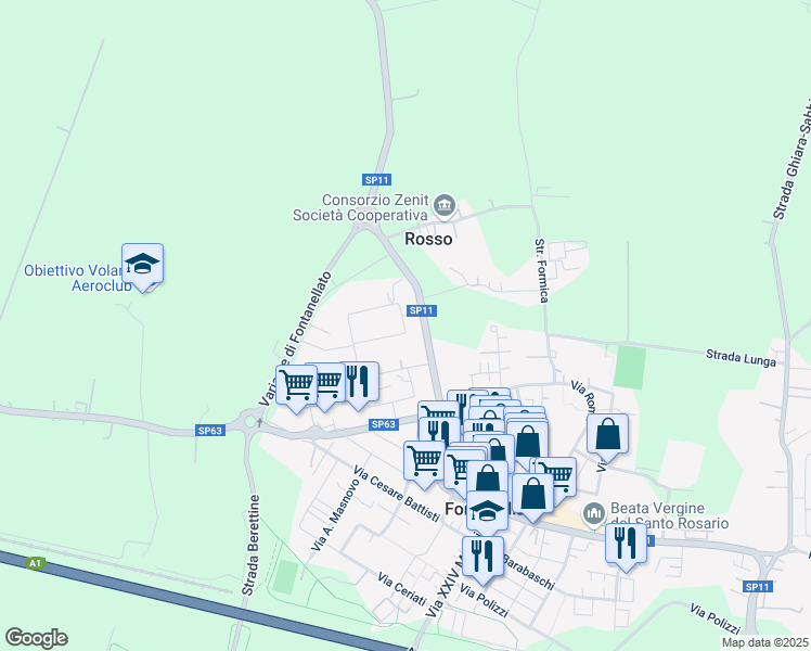 map of restaurants, bars, coffee shops, grocery stores, and more near 21A Via Pietro Nenni in Fontanellato