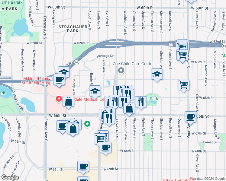 map of restaurants, bars, coffee shops, grocery stores, and more near 6428 Xerxes Avenue South in Edina