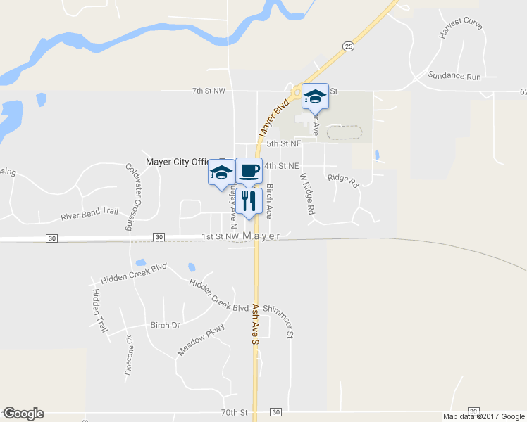 map of restaurants, bars, coffee shops, grocery stores, and more near 200 Ash Avenue North in Mayer