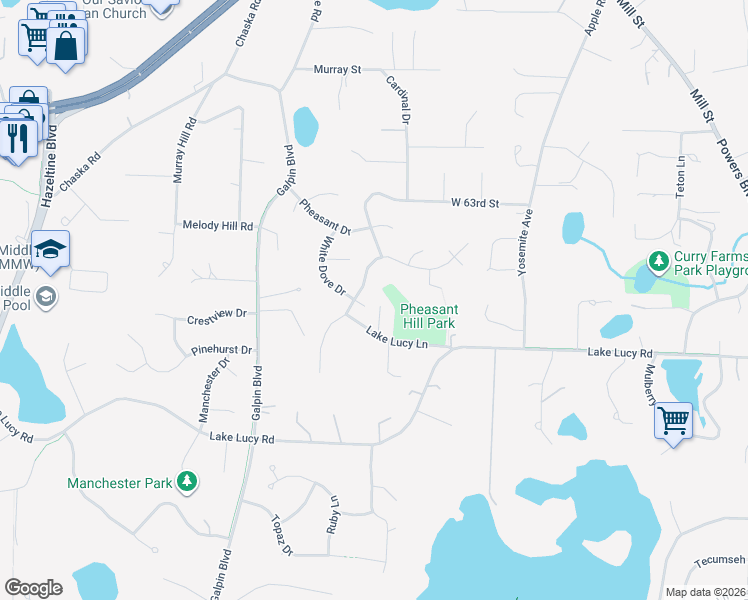 map of restaurants, bars, coffee shops, grocery stores, and more near 6511 White Dove Circle in Excelsior