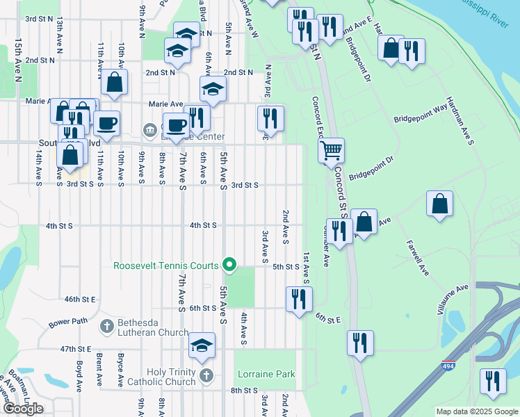 map of restaurants, bars, coffee shops, grocery stores, and more near 336 3rd Avenue South in South Saint Paul