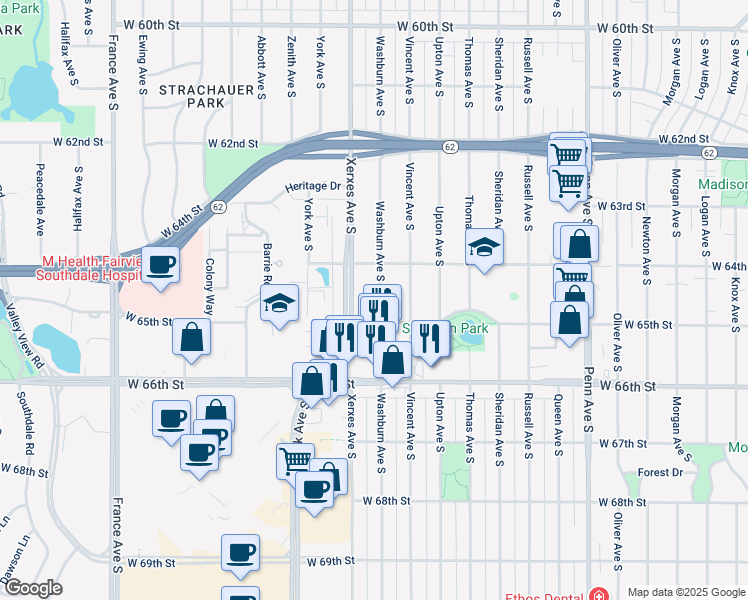 map of restaurants, bars, coffee shops, grocery stores, and more near 6428 Washburn Avenue South in Richfield