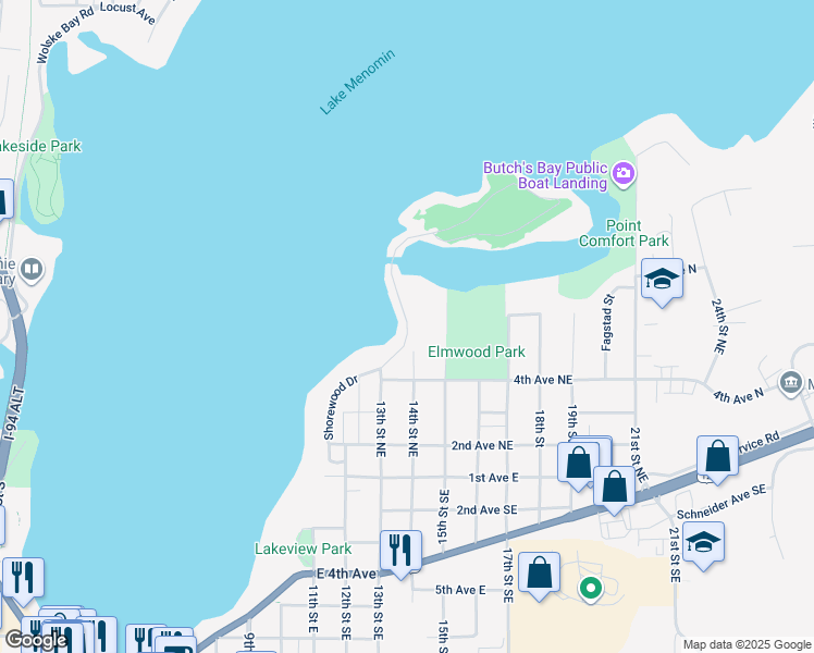 map of restaurants, bars, coffee shops, grocery stores, and more near Shorewood Drive in Menomonie