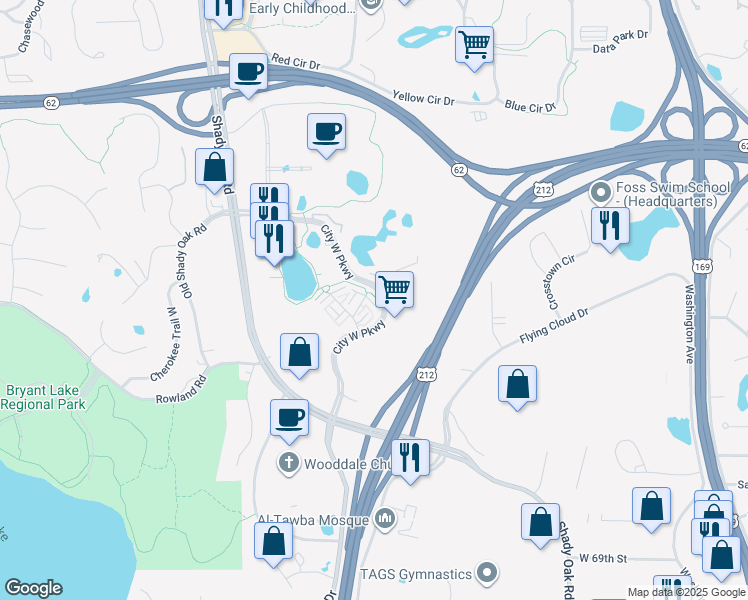map of restaurants, bars, coffee shops, grocery stores, and more near 6437 Regency Lane in Eden Prairie