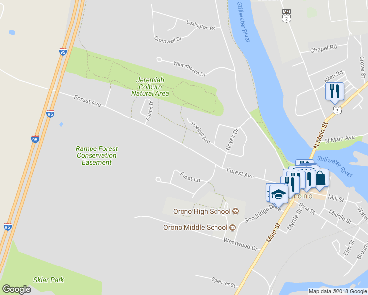 map of restaurants, bars, coffee shops, grocery stores, and more near 109 Forest Avenue in Orono