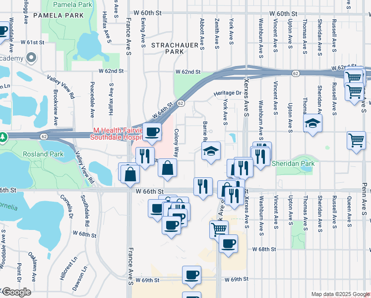 map of restaurants, bars, coffee shops, grocery stores, and more near 6415 Colony Way in Minneapolis