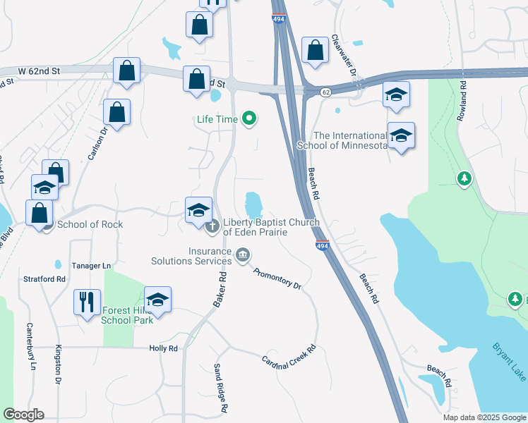 map of restaurants, bars, coffee shops, grocery stores, and more near 6484 Promontory Drive in Eden Prairie