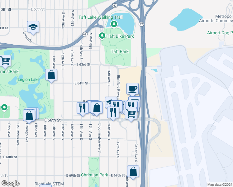 map of restaurants, bars, coffee shops, grocery stores, and more near 6426 Nokomis-Minnesota River Regional Trail in Richfield