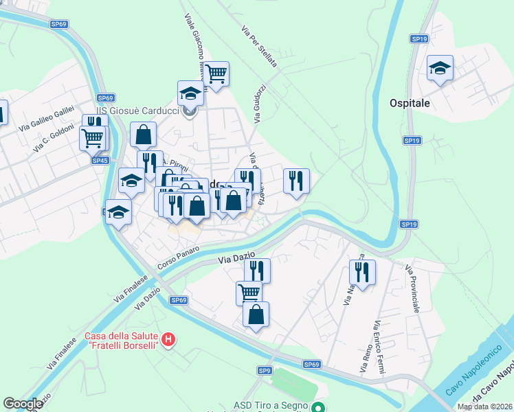 map of restaurants, bars, coffee shops, grocery stores, and more near Via Antonio Pironi in Bondeno