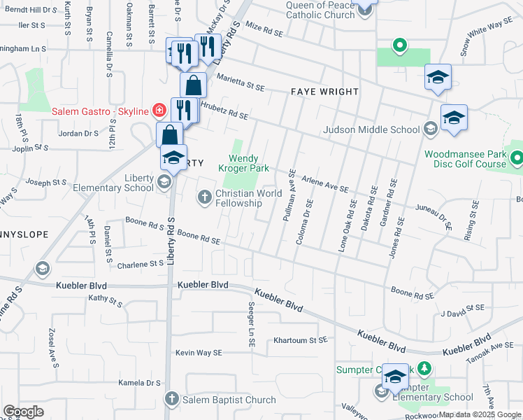 map of restaurants, bars, coffee shops, grocery stores, and more near 4894 Newtown Avenue Southeast in Salem