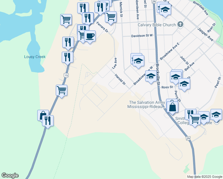 map of restaurants, bars, coffee shops, grocery stores, and more near 30 Code Crescent in Smiths Falls