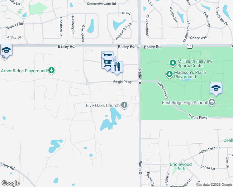 map of restaurants, bars, coffee shops, grocery stores, and more near 4300 Radio Drive in Woodbury