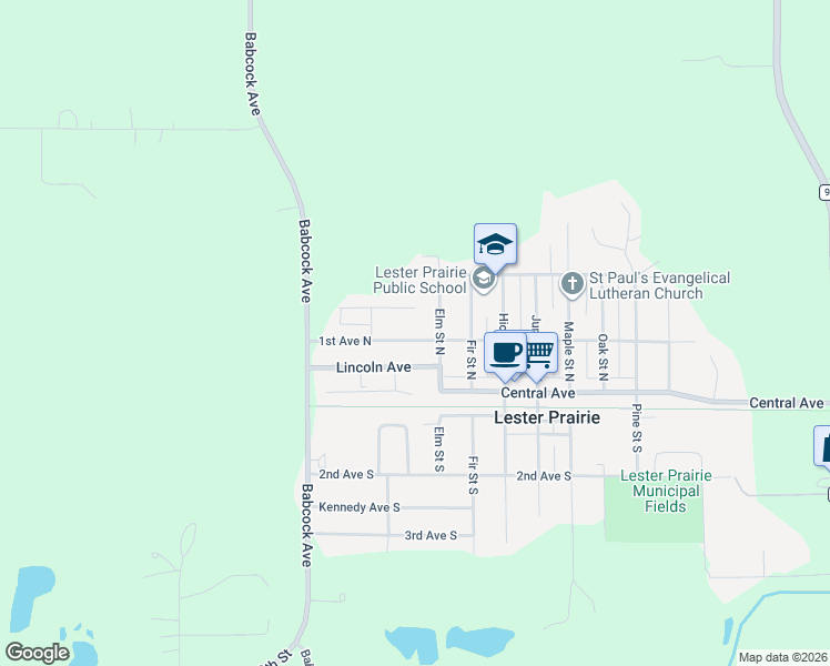 map of restaurants, bars, coffee shops, grocery stores, and more near 118 1st Avenue North in Lester Prairie