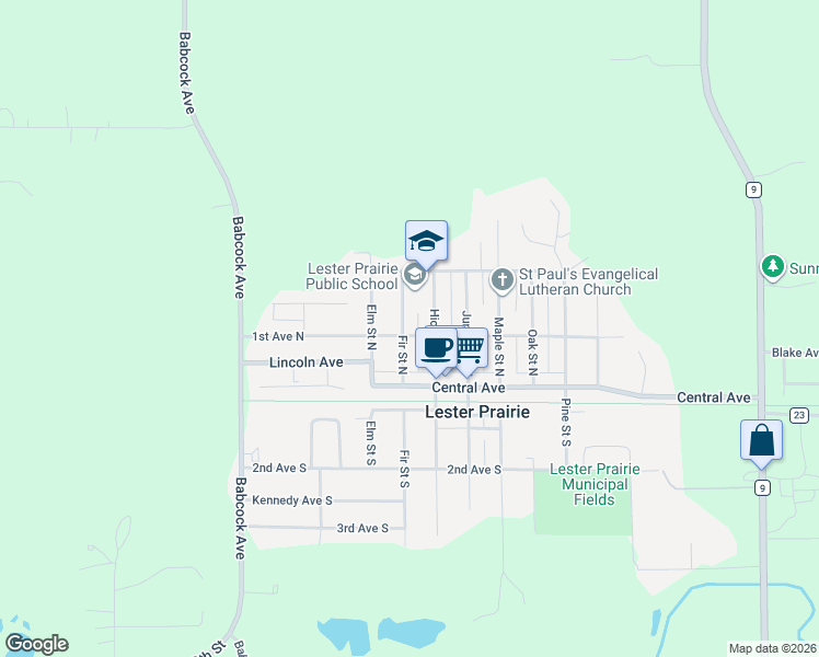map of restaurants, bars, coffee shops, grocery stores, and more near 300 1st Avenue North in Lester Prairie