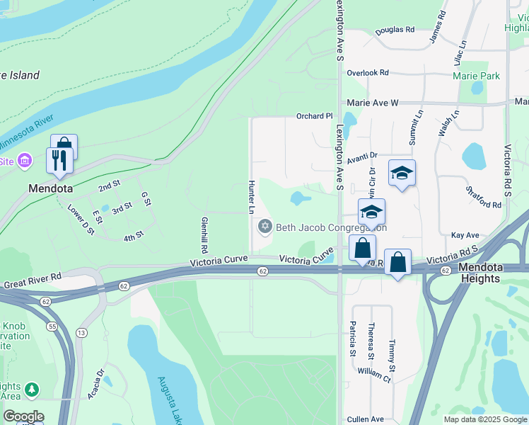 map of restaurants, bars, coffee shops, grocery stores, and more near 1163 Veronica Lane in Mendota Heights