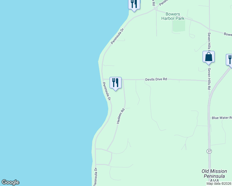 map of restaurants, bars, coffee shops, grocery stores, and more near 13512 Peninsula Drive in Traverse City