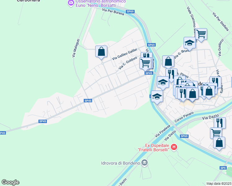 map of restaurants, bars, coffee shops, grocery stores, and more near 67 Via V. Alfieri in Bondeno