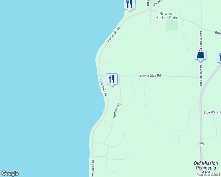 map of restaurants, bars, coffee shops, grocery stores, and more near 13512 Peninsula Drive in Traverse City